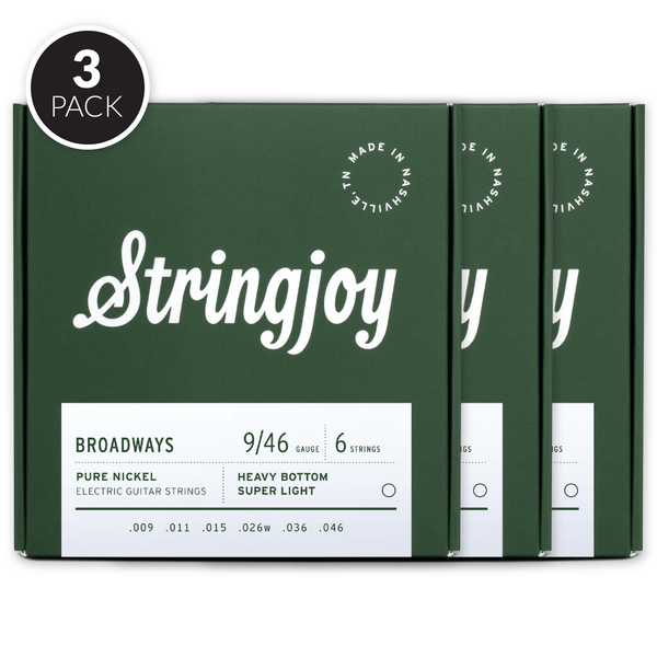 Stringjoy Broadways | Heavy Bottom Super Light Gauge (9-46) Pure Nickel Electric Guitar Strings ( 3 Pack Bundle )