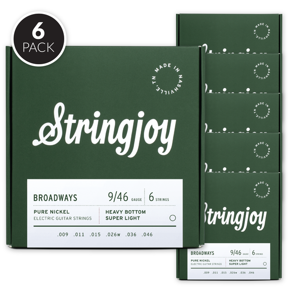 Stringjoy Broadways | Heavy Bottom Super Light Gauge (9-46) Pure Nickel Electric Guitar Strings ( 6 Pack Bundle )