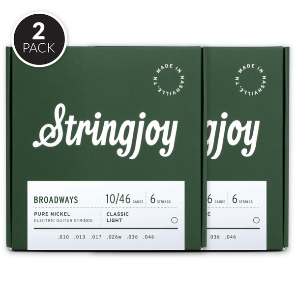 Stringjoy Broadways | Classic Light Gauge (10-46) Pure Nickel Electric Guitar Strings ( 2 Pack Bundle )