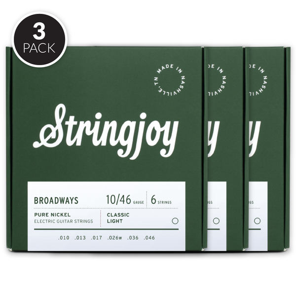 Stringjoy Broadways | Classic Light Gauge (10-46) Pure Nickel Electric Guitar Strings ( 3 Pack Bundle )