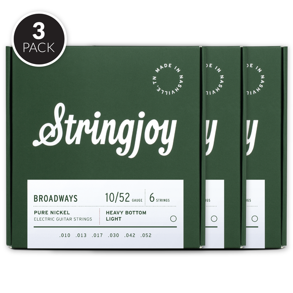Stringjoy Broadways | Heavy Bottom Light Gauge (10-52) Pure Nickel Electric Guitar Strings ( 3 Pack Bundle )