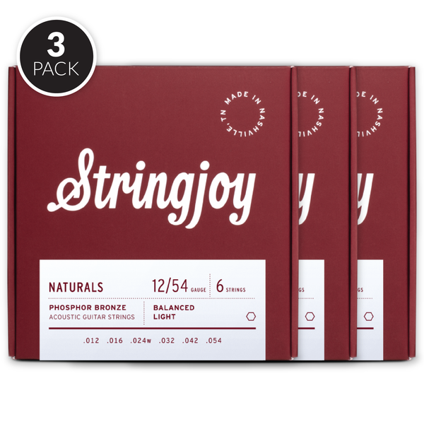 Stringjoy Naturals | Light (12-54) Phosphor Bronze Acoustic Guitar Strings ( 3 Pack Bundle )