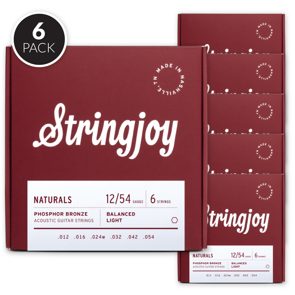 Stringjoy Naturals | Light (12-54) Phosphor Bronze Acoustic Guitar Strings ( 6 Pack Bundle )
