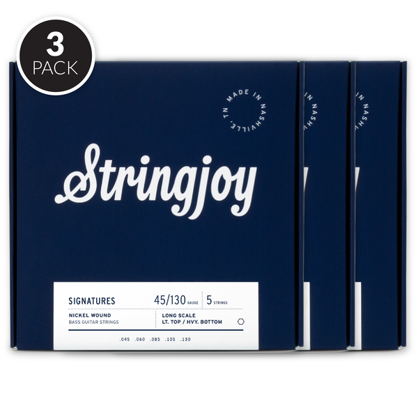 Stringjoy Light Top / Heavy Bottom Gauge (45-130) 5 String Long Scale Nickel Wound Bass Guitar Strings ( 3 Pack Bundle )