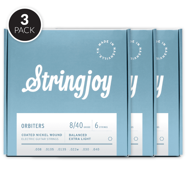 Stringjoy Orbiters | Balanced Extra Light Gauge (8-40) Coated Nickel Wound Electric Guitar Strings ( 3 Pack Bundle )