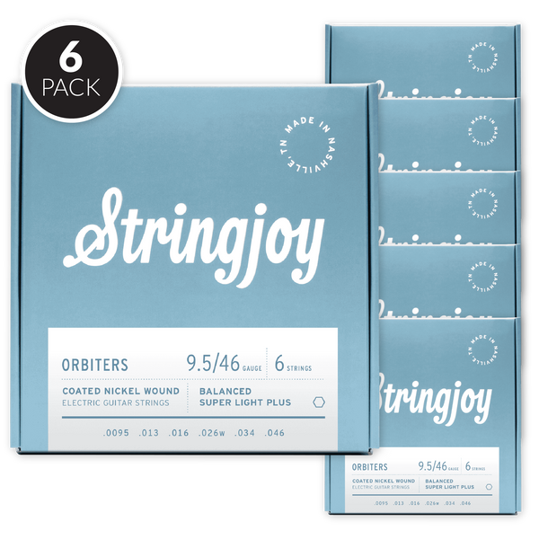 Stringjoy Orbiters | Balanced Super Light Plus Gauge (9.5-46) Coated Nickel Wound Electric Guitar Strings ( 6 Pack Bundle )