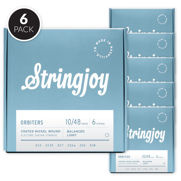 Stringjoy Orbiters | Balanced Light Gauge (10-48) Coated Nickel Wound Electric Guitar Strings ( 6 Pack Bundle )