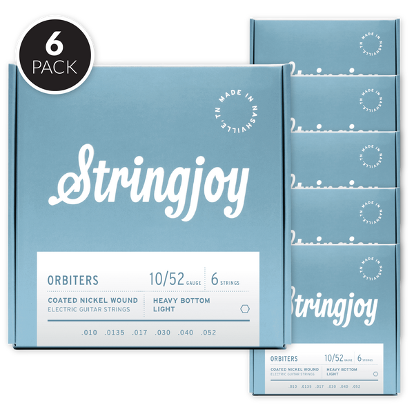 Stringjoy Orbiters | Heavy Bottom Light Gauge (10-52) Coated Nickel Wound Electric Guitar Strings ( 6 Pack Bundle )