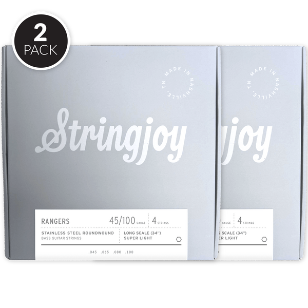 Stringjoy Rangers | Super Light Gauge (45-100) 4 String Long Scale Stainless Steel Bass Guitar Strings ( 2 Pack Bundle )
