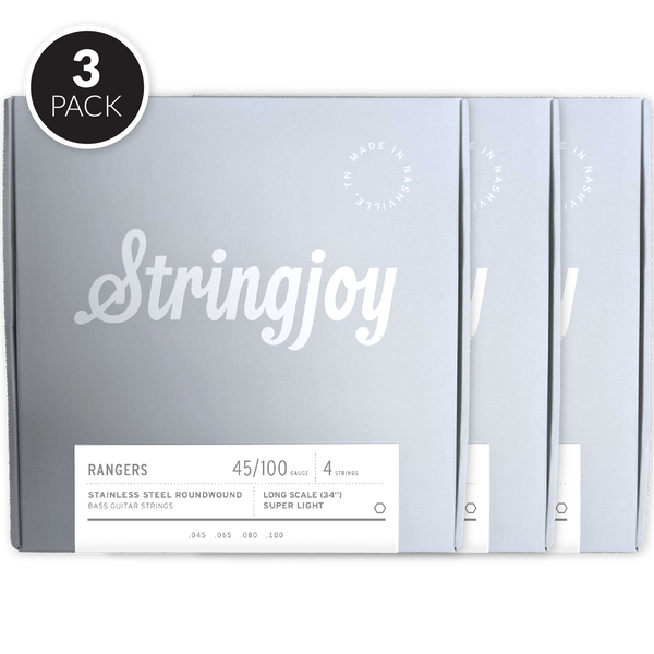 Stringjoy Rangers | Super Light Gauge (45-100) 4 String Long Scale Stainless Steel Bass Guitar Strings ( 3 Pack Bundle )