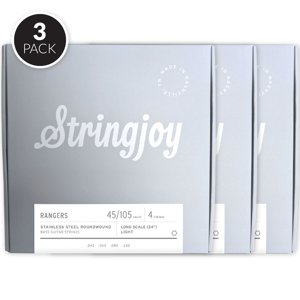 Stringjoy Rangers | Light Gauge (45-105) 4 String Long Scale Stainless Steel Bass Guitar Strings ( 3 Pack Bundle )