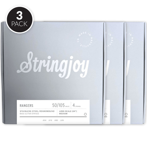 Stringjoy Rangers | Medium Gauge (50-105) 4 String Long Scale Stainless Steel Bass Guitar Strings ( 3 Pack Bundle )