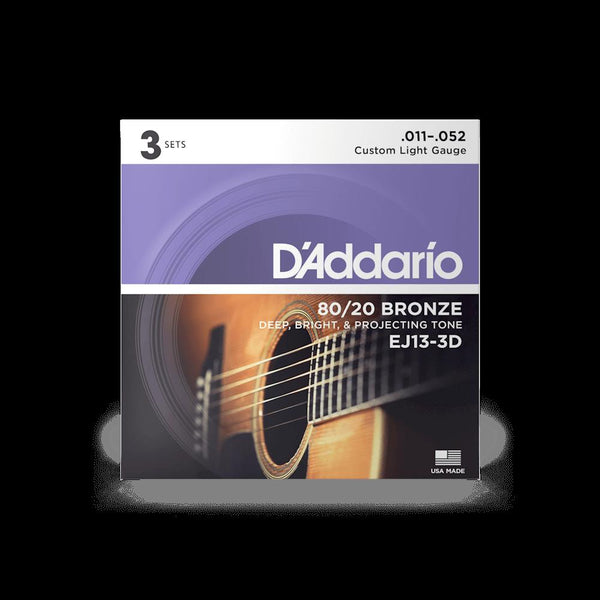 D'Addario EJ13-3D 80/20 Bronze Acoustic Guitar Strings, Custom Light, 11-52, 3 Sets