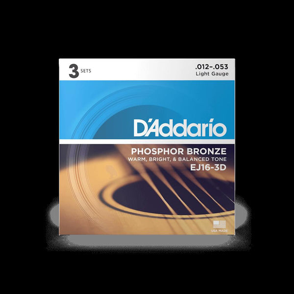 D'Addario EJ16-3D Phosphor Bronze Acoustic Guitar Strings, Light, 3 Sets