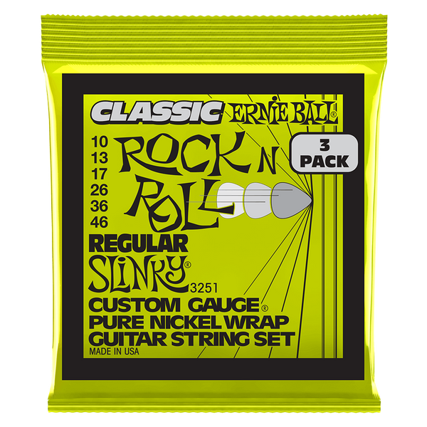Ernie Ball Regular Slinky Classic Rock n Roll Pure Nickel Wrap Electric Guitar Strings 3 Pack - 10-46 Gauge